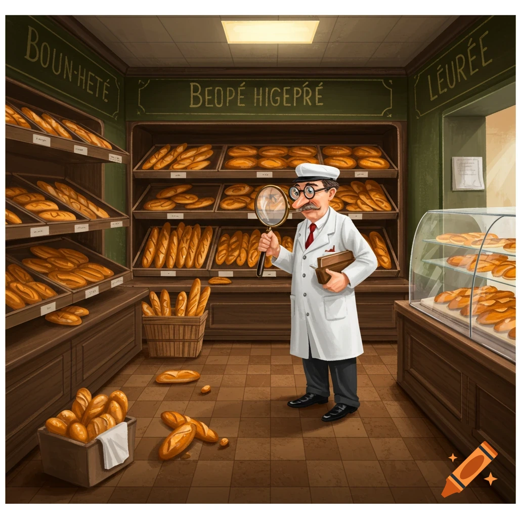 A man in a baker's uniform examines bread in a bakery with a magnifying glass.