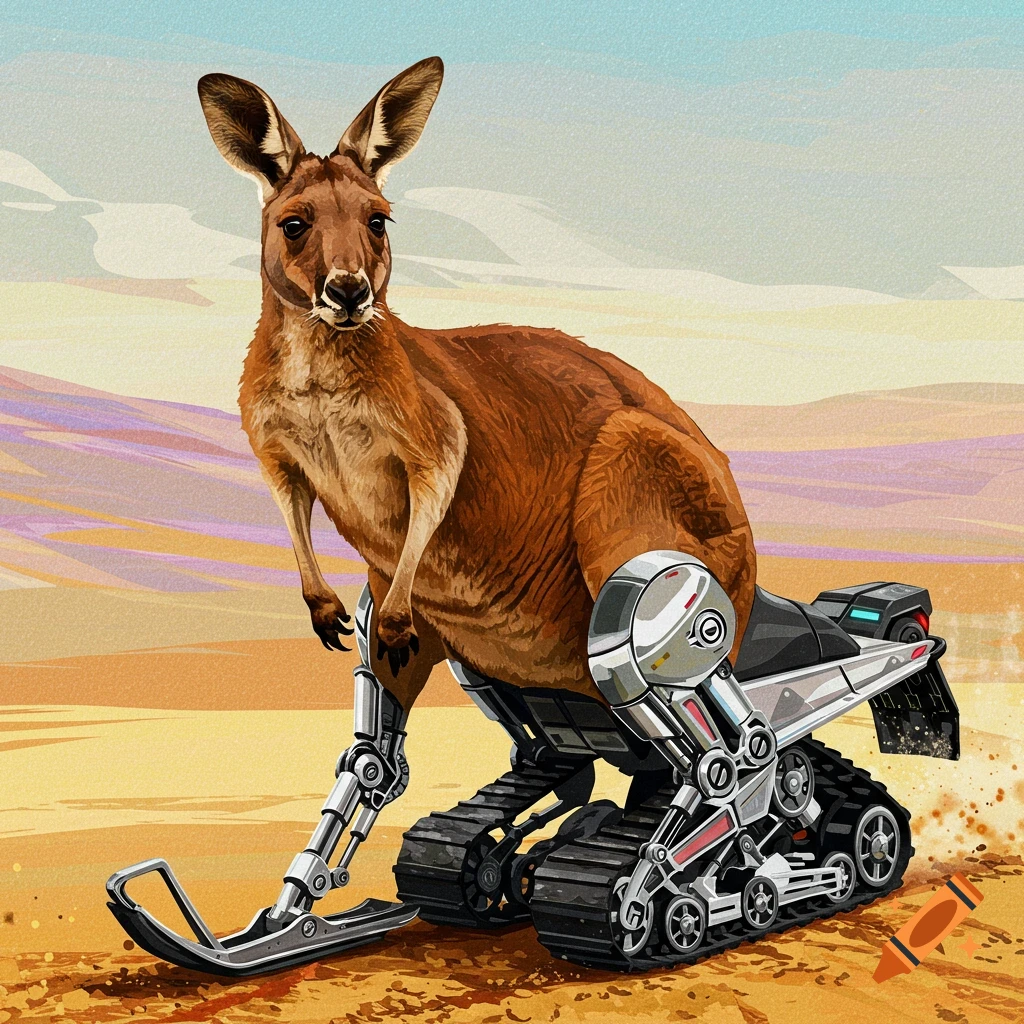 A kangaroo with mechanical snowmobile/tank track legs stands in a desert.