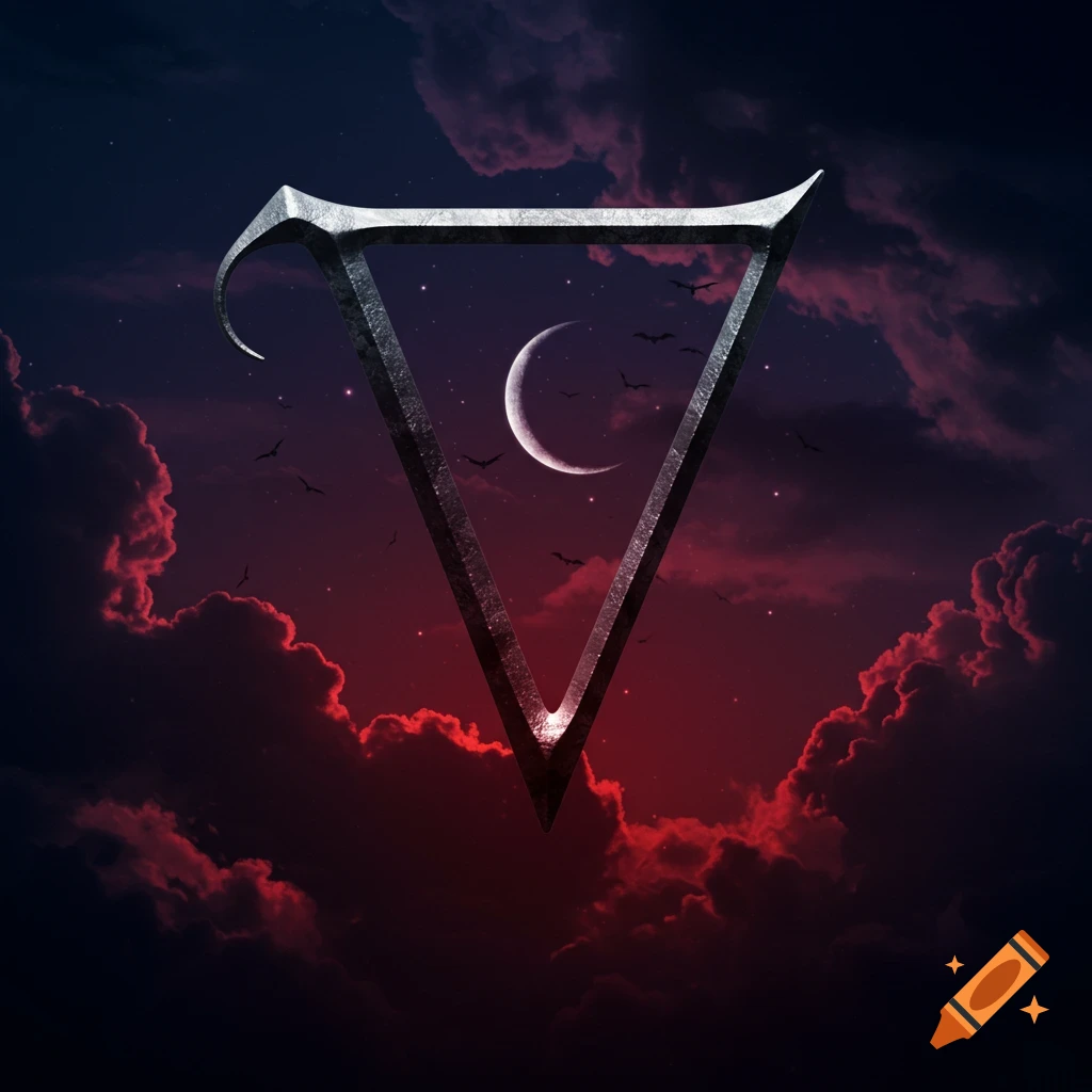 Metallic triangle symbol against gothic red and blue clouds with moon and bats.