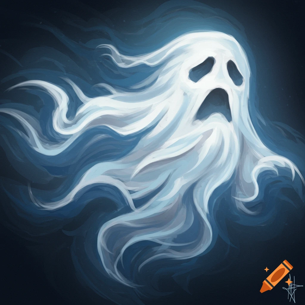A spooky white ghost with swirling tendrils on a dark background.