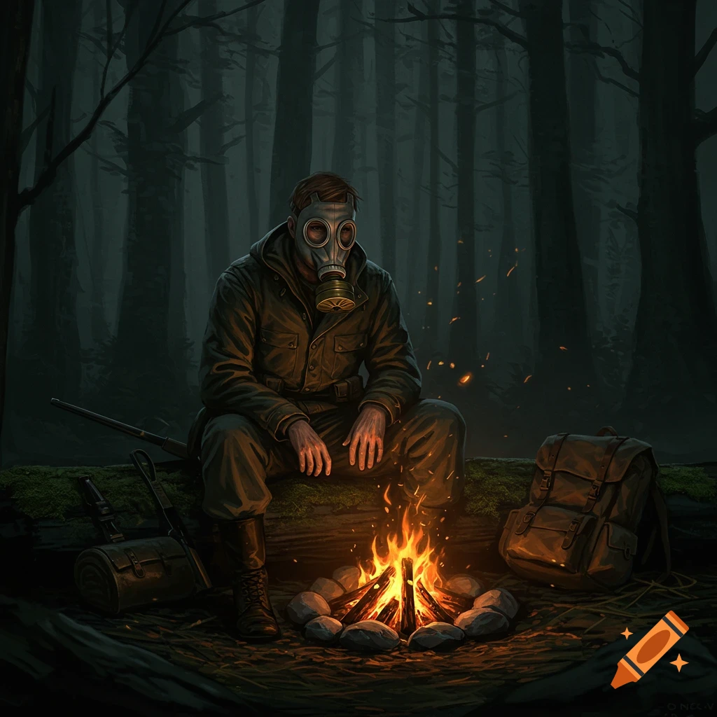 Figure in a gas mask sits by a campfire in a dark forest at night.