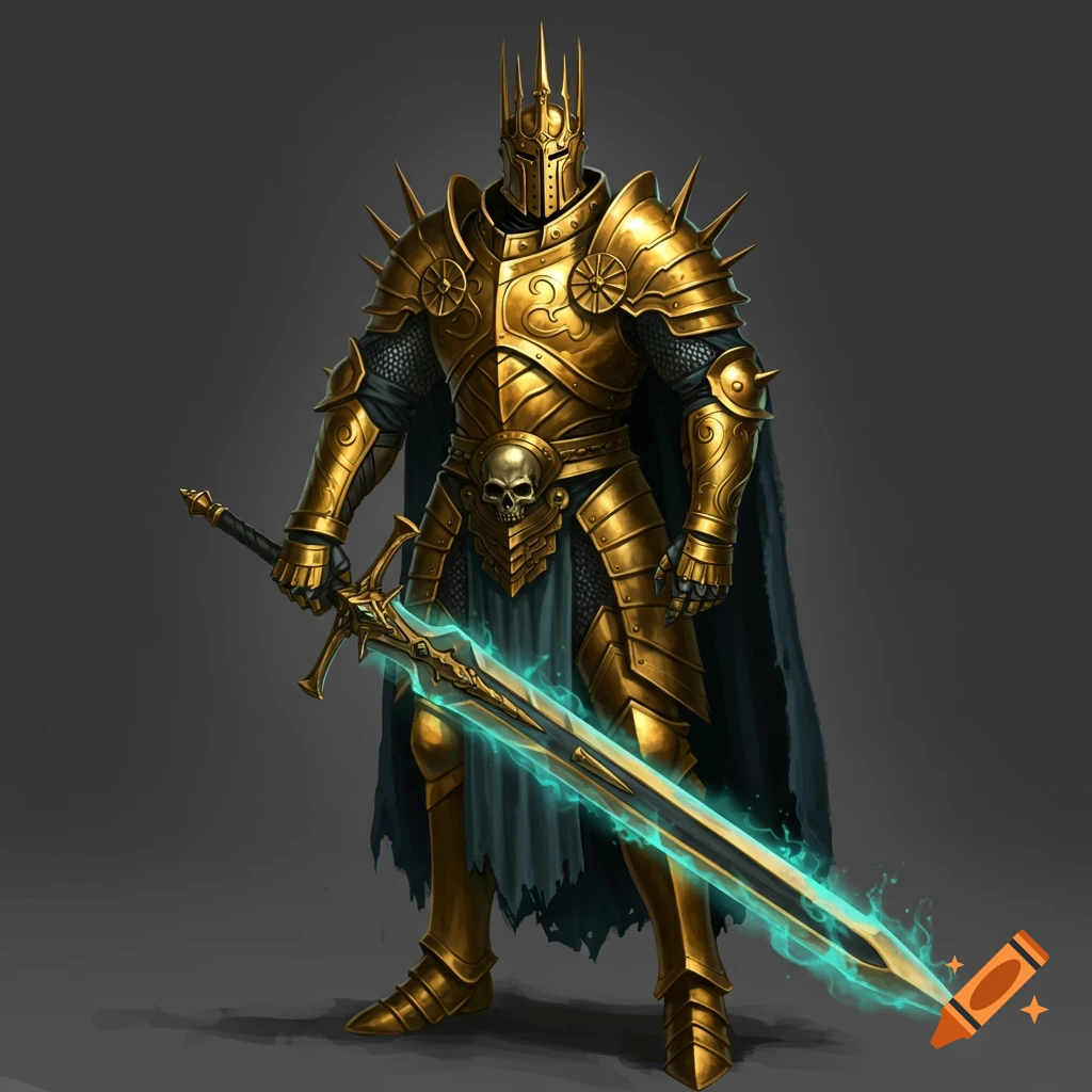 A golden-armored king or warrior stands holding a glowing magical sword.