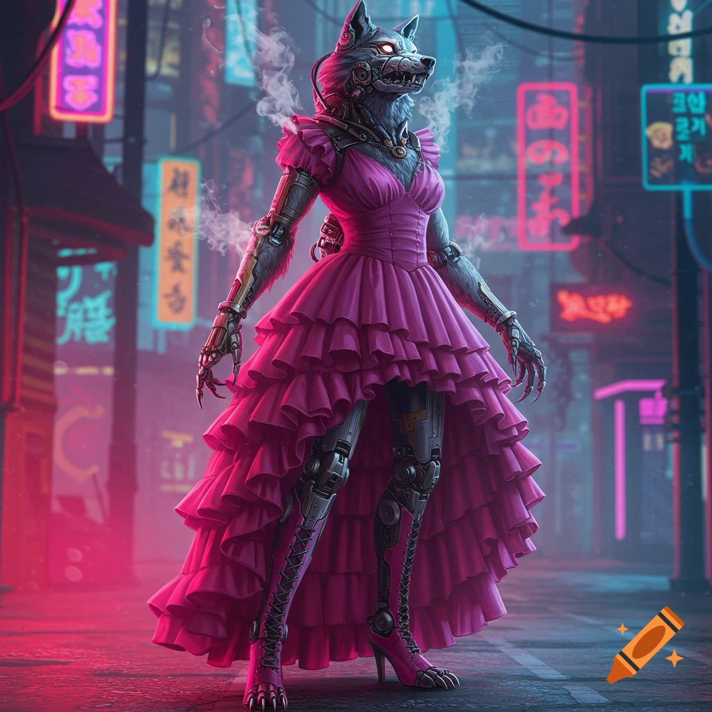 Mechanical wolf in a pink ruffled dress and boots standing in a neon cyberpunk city.