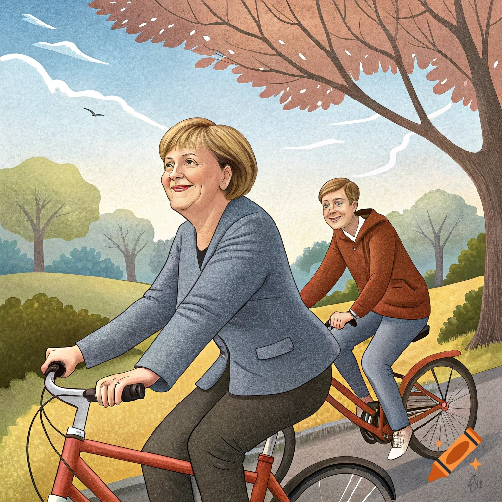 Illustration of a woman and a young man riding a red tandem bike in a park.