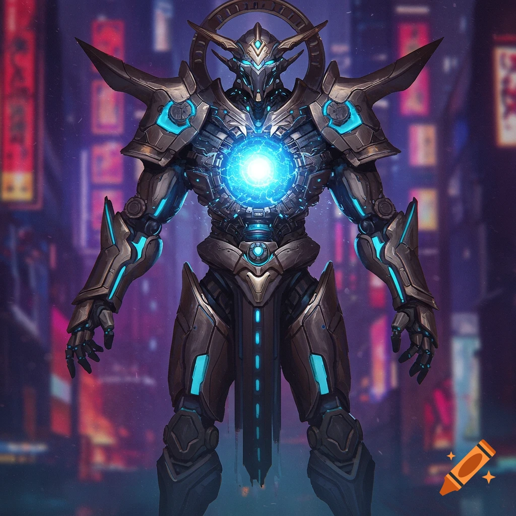 A powerful robotic warrior with glowing blue energy in a city background.