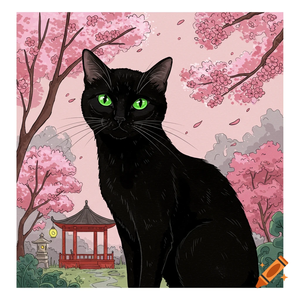 A black cat sits in a Japanese garden with cherry blossom trees and a pagoda in a drawing style.
