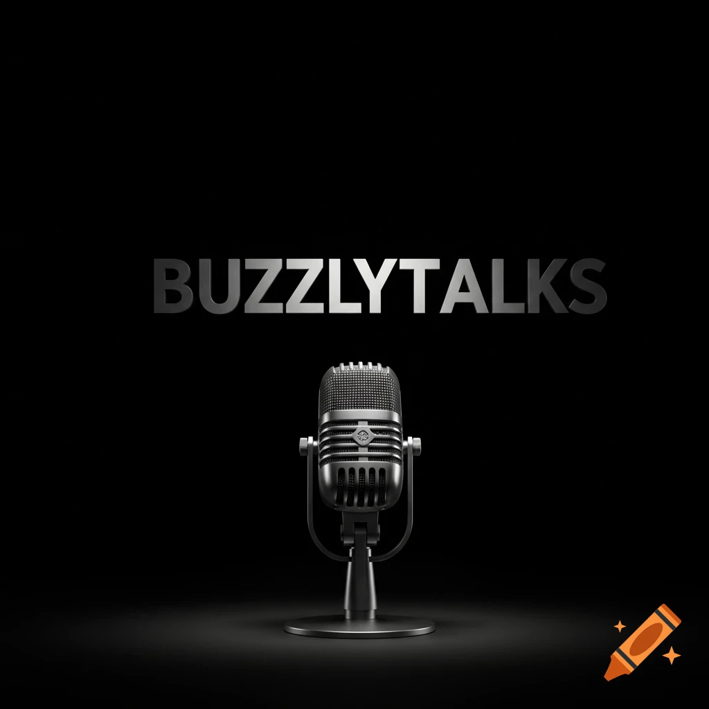 A vintage microphone stands on a black background with the text "BUZZLYTALKS" above it.