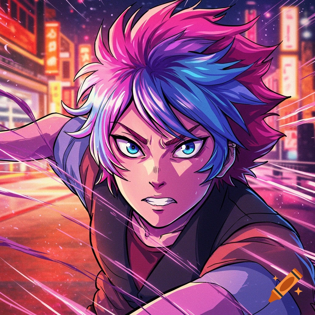 An intense anime character with blue and pink hair and glowing blue eyes races through a neon lit city street.