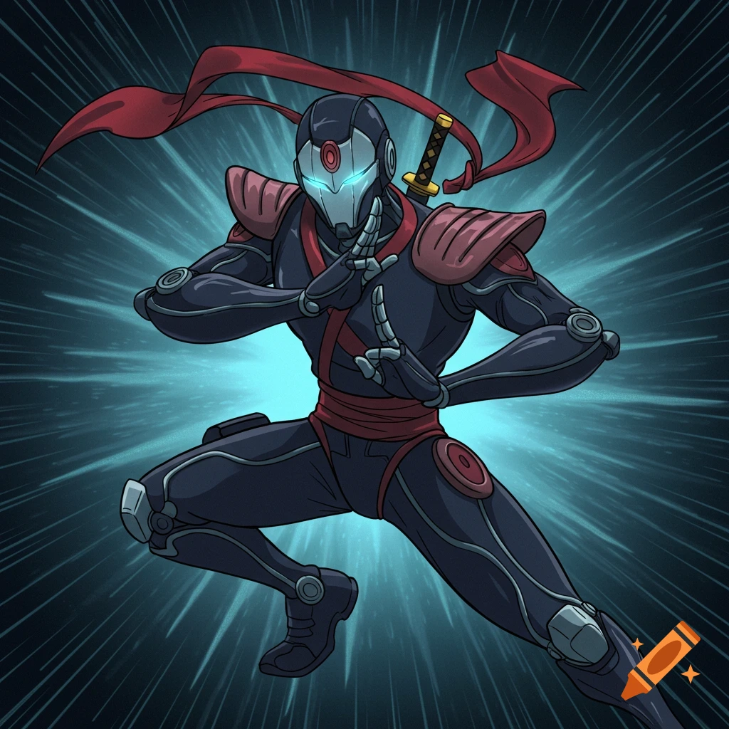 A futuristic ninja robot in a dynamic pose with a sword and red scarf, in an anime style.