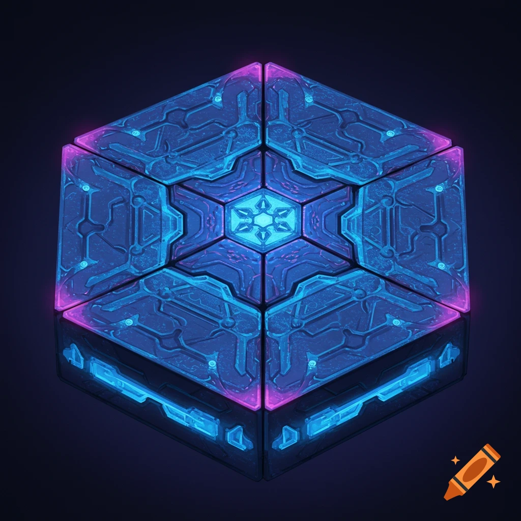 A futuristic hexagonal tile with glowing blue and pink lights.