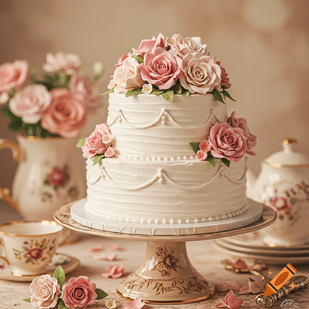 Elegant white three-tier cake decorated with pink roses on a stand, with tea set and flowers in background.