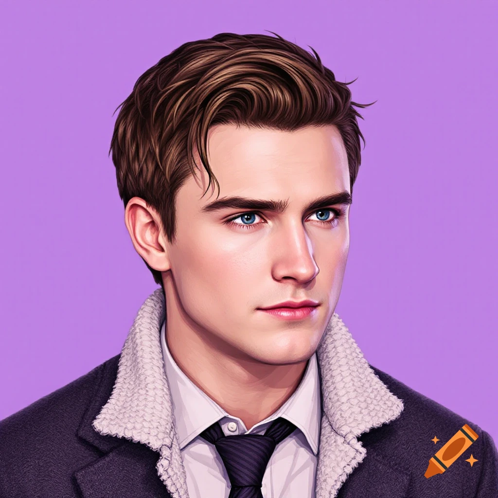 A stylized portrait of a young man with brown hair and blue eyes in a coat and tie against a purple background.