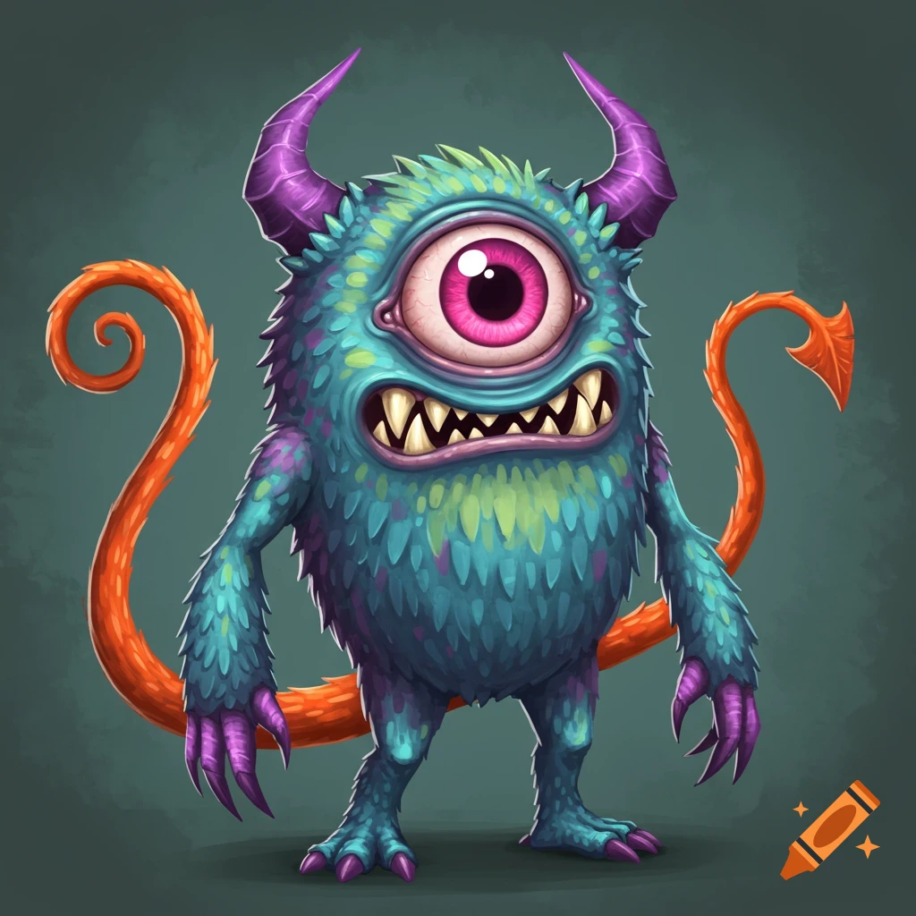 A colorful cartoon monster with one pink eye, purple horns, sharp teeth, and an orange tail.