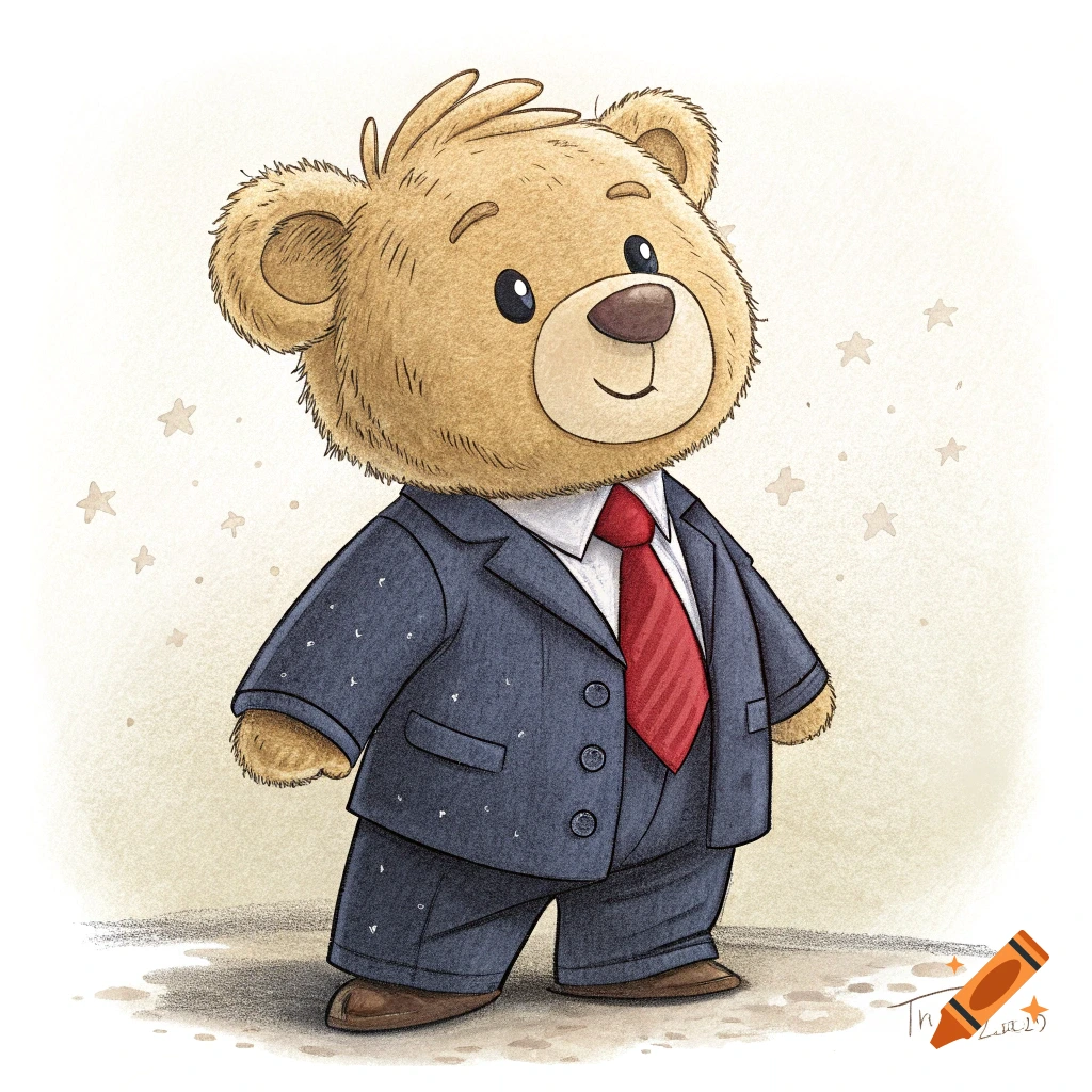 A cartoon teddy bear wears a blue suit and red tie, smiling.