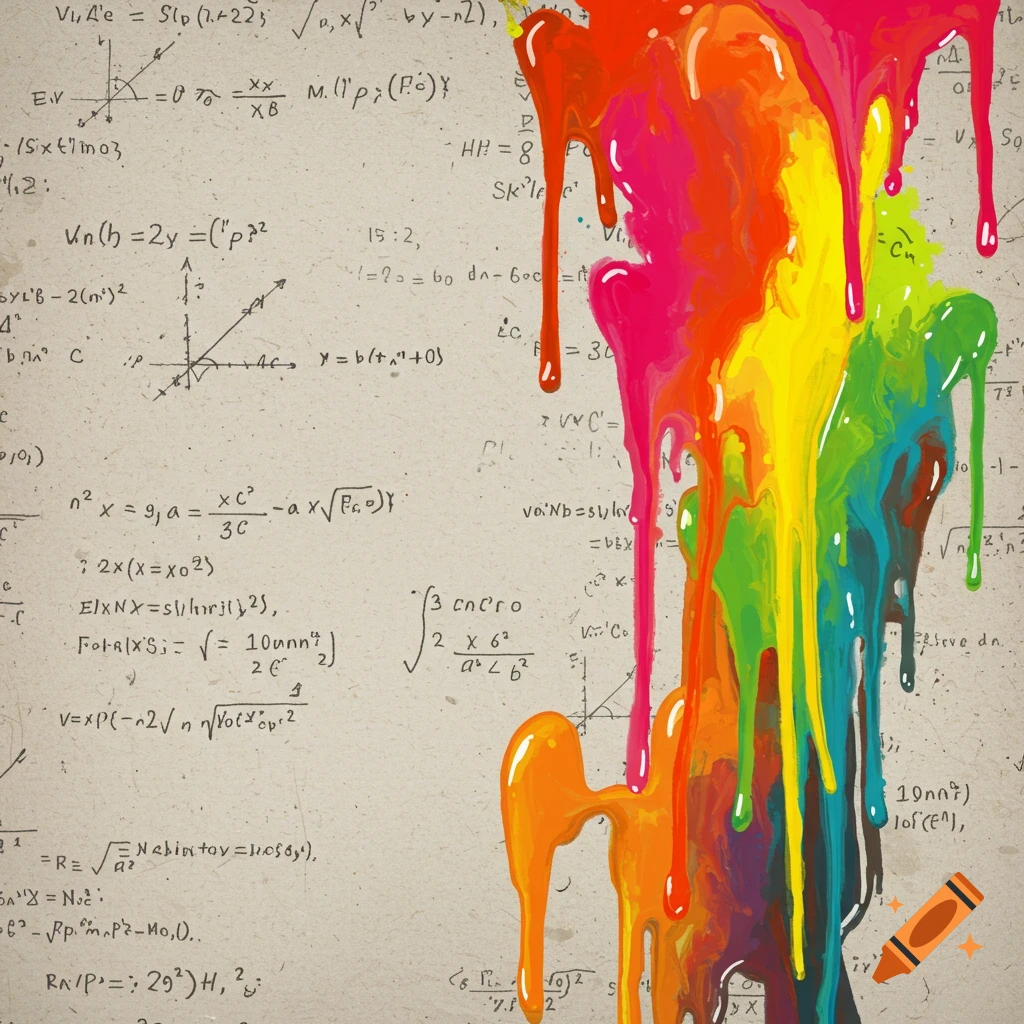 Vibrant abstract paint drips down the right side over a background of scribbled math equations.