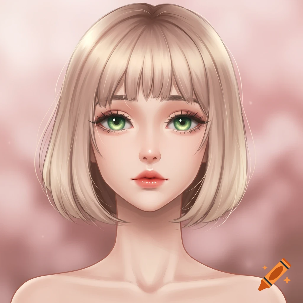Anime portrait of a woman with short blonde hair and green eyes.