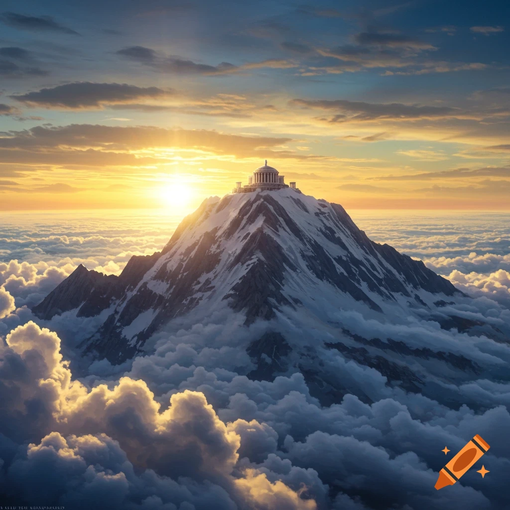A snow-capped mountain peak with a classical building on its summit rises above clouds during sunrise or sunset.
