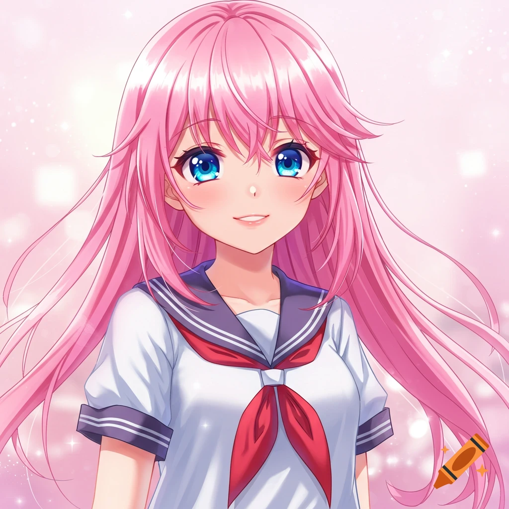 Anime portrait of a girl with pink hair and blue eyes in a school uniform