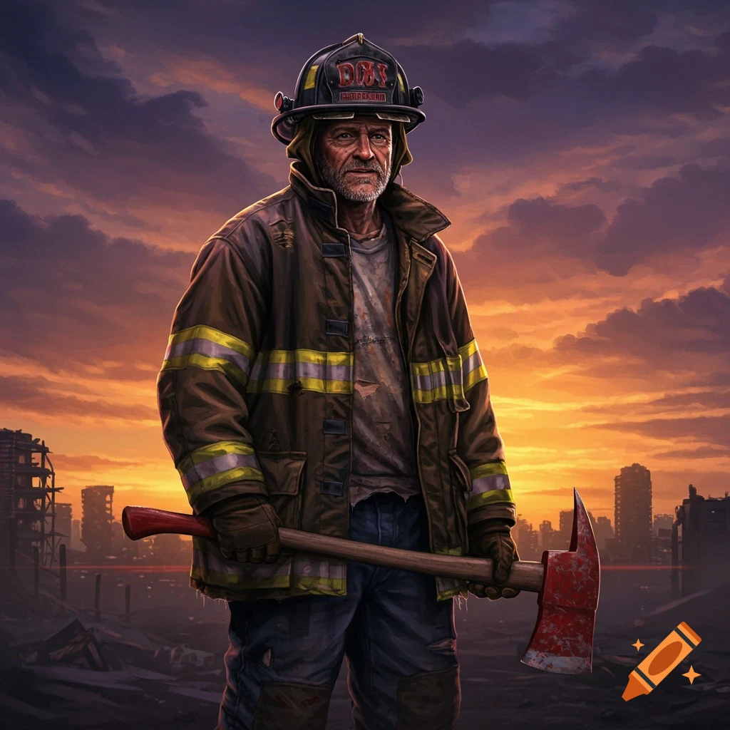 A firefighter holding an axe in a ruined city at sunset.