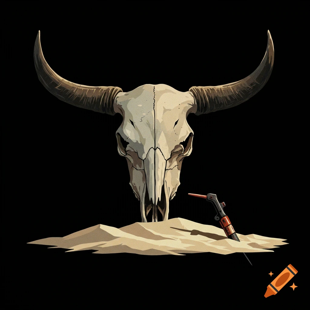 A bull skull lies on sand with a welding torch on a black background.