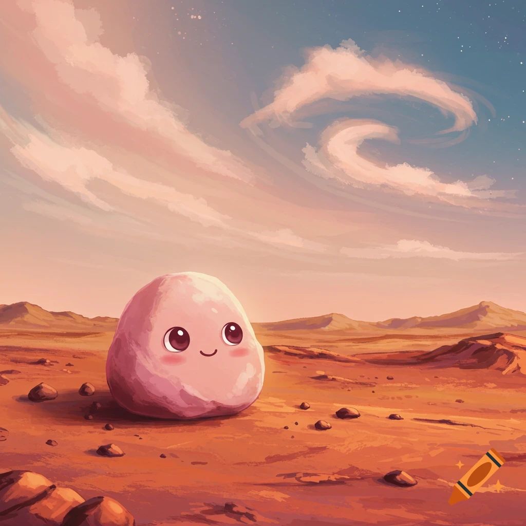 A cute pink cartoon rock with a face smiles on a red rocky landscape under a cloudy sky.