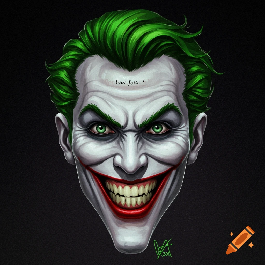 A portrait of the Joker's face with green hair, white skin, a wide red smile, and intense green eyes.