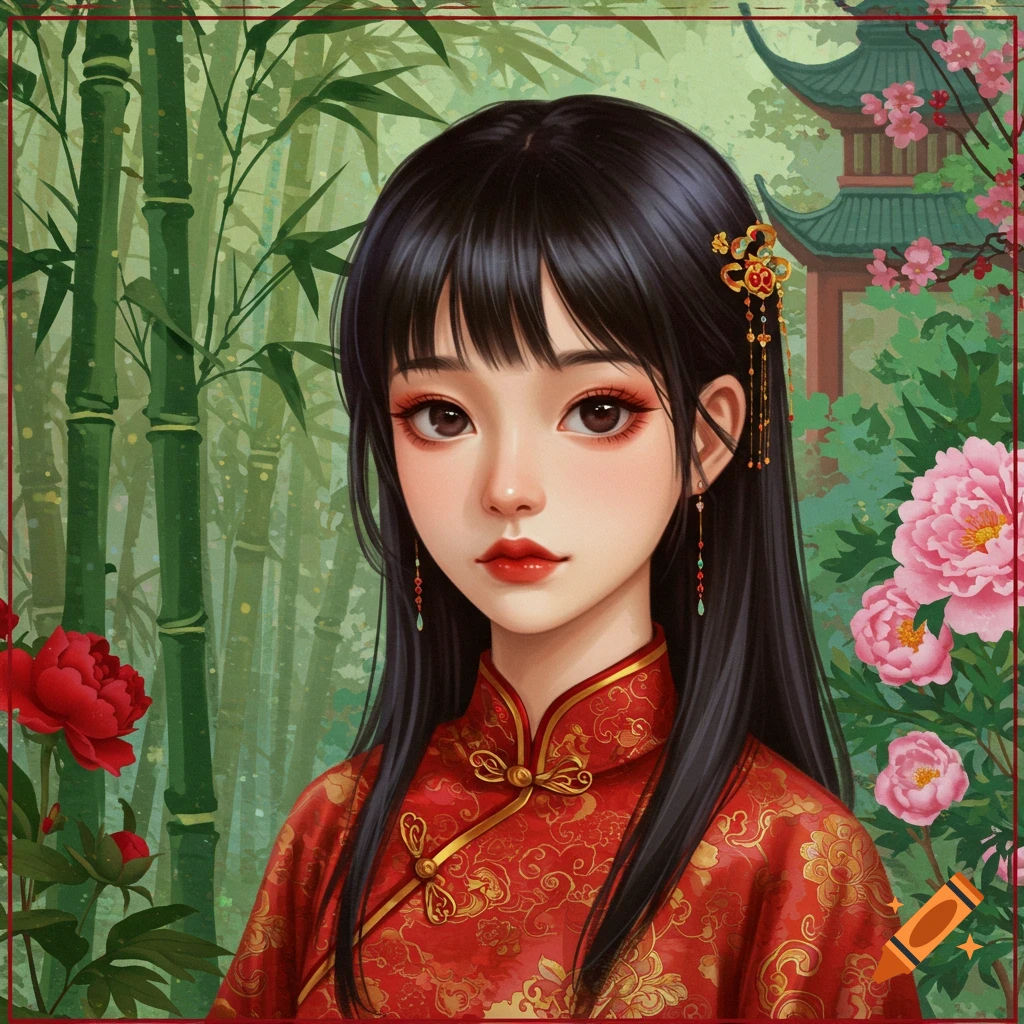 A young woman in a red traditional Chinese dress is standing among bamboo and peonies with a pagoda in the background.