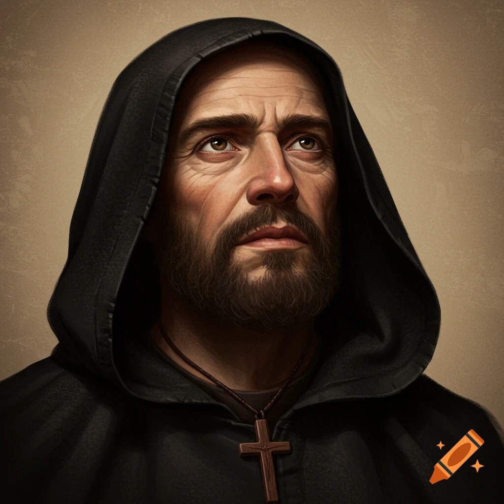 A bearded man in a black hooded cloak and cross necklace, looking up.