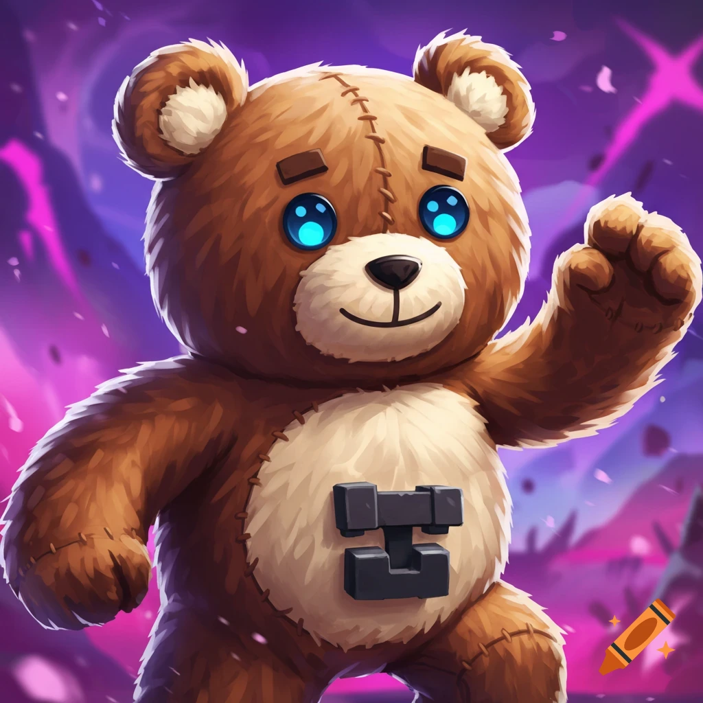 Teddy bear character with glowing blue eyes and a symbol on its chest against a purple background.