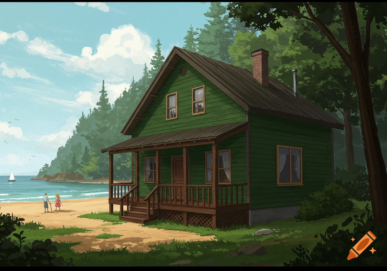 A green cabin sits on a beach with a forest behind it. Two people are on the beach, and a sailboat is in the water.