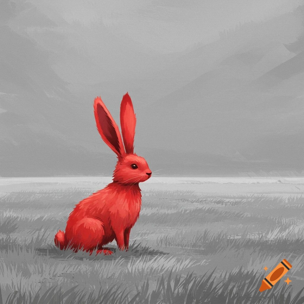 A red rabbit sits in a grayscale field with mountains.