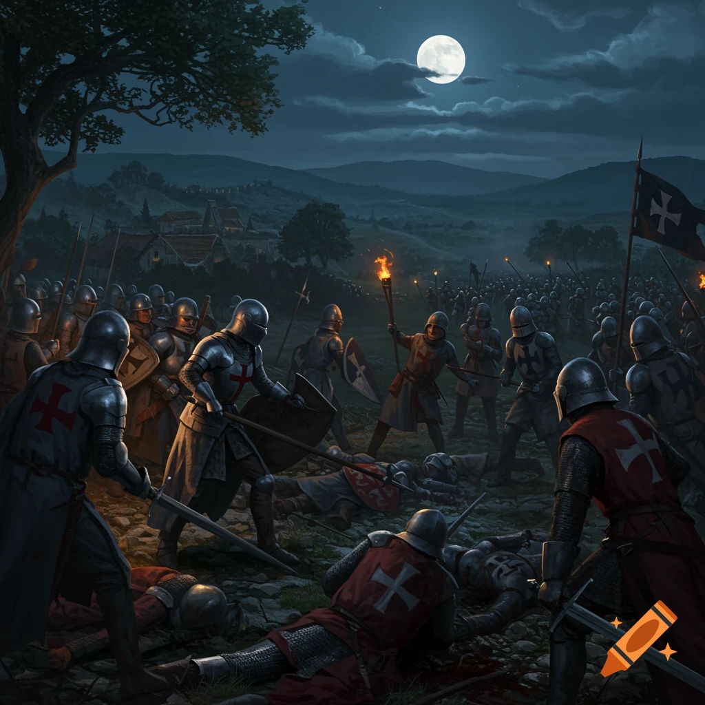 Medieval battle at night under a full moon, knights fighting amidst fallen soldiers.