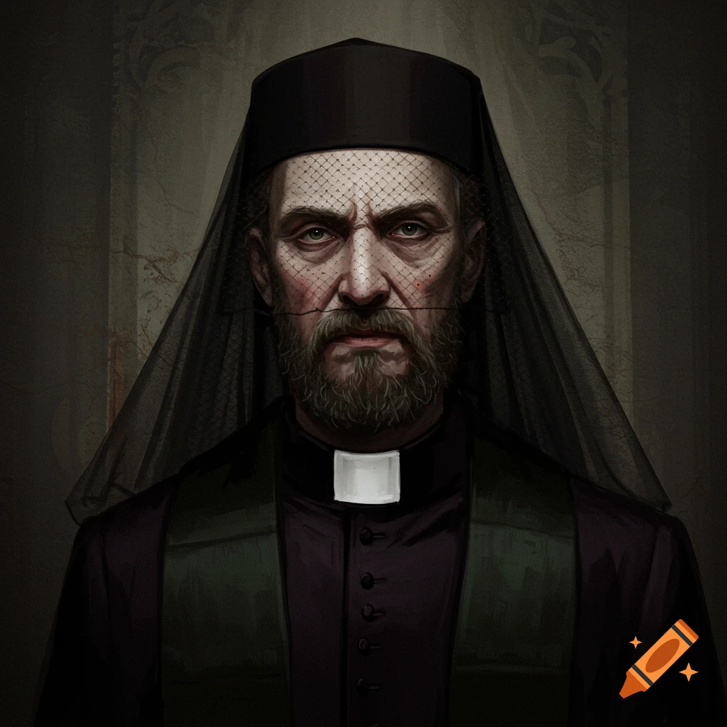 A portrait of a man dressed as a minister, wearing a black cap and a black veil over his face.