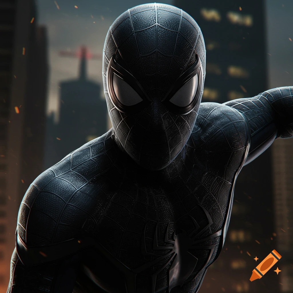 Close-up of Dark Spider-Man in a city.