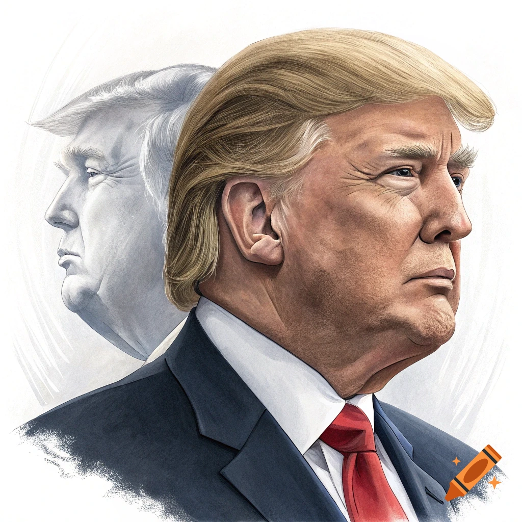 Illustration of Donald Trump looking right, with a ghosted profile behind him.