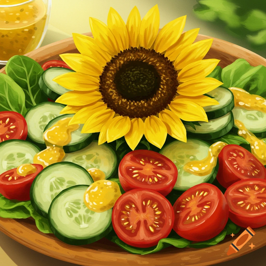 A vibrant salad featuring crisp lettuce, juicy tomatoes, cool cucumbers, drizzled with dressing, and topped with a bright sunflower.
