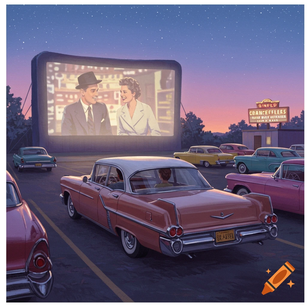 A drive-in movie theater scene with cars watching a film on the big screen at dusk.