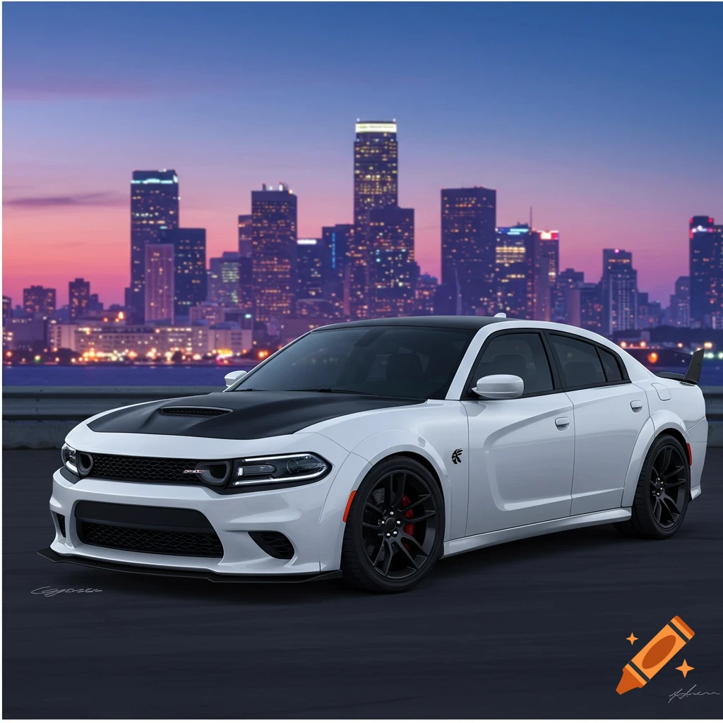 White Dodge Charger with black hood parked in front of a city skyline at sunset.