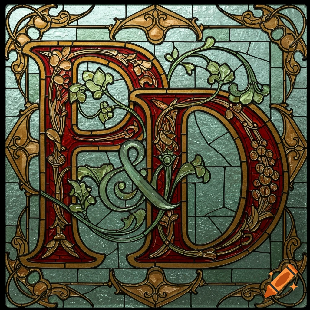 Ornate stained glass panel featuring intertwined initials P & D in red and green.