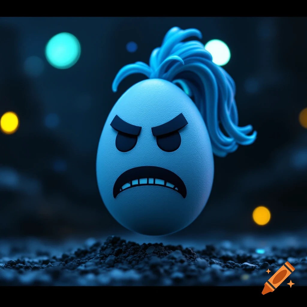 A 3D render of a light blue egg character with angry eyebrows, sad mouth, and blue ponytail standing on dirt.