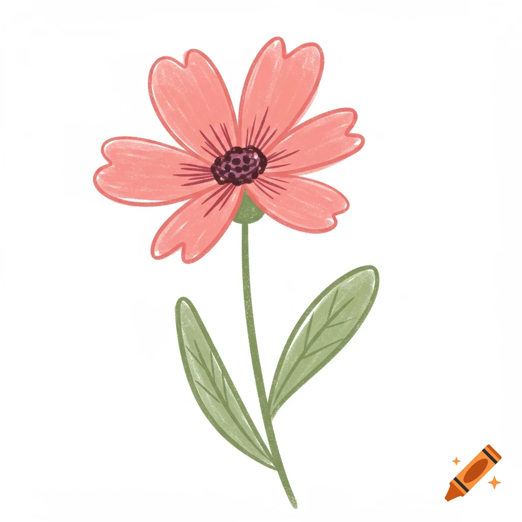 Hand-drawn illustration of a pink flower with a green stem and leaves on a white background.