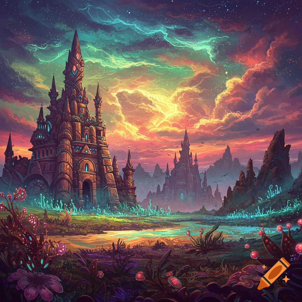 A vibrant fantasy landscape featuring large, ornate castles, glowing plants, and a colorful sunset sky.