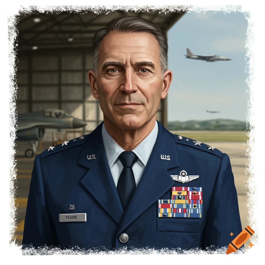Portrait of a military officer in uniform with medals, standing in front of an airport hangar and jets.