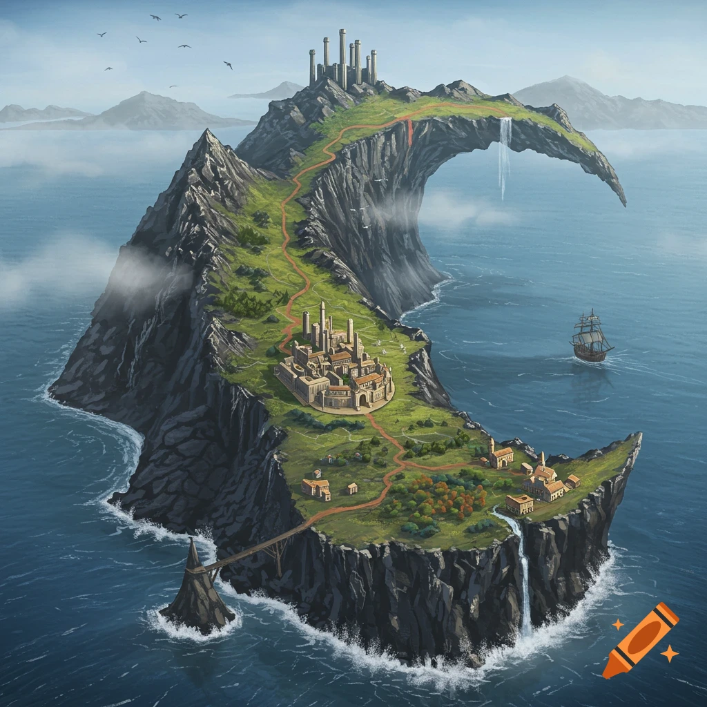 A crescent-shaped fantasy island with a town, path, and waterfall, floating in the ocean near a ship.