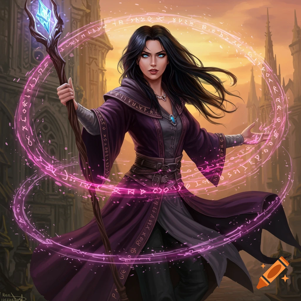A female wizard in a purple robe casts a spell with a staff, surrounded by glowing runes.