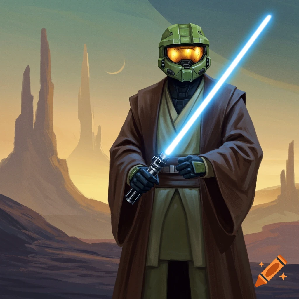 Master Chief in Jedi robes holds a lightsaber in an alien landscape.