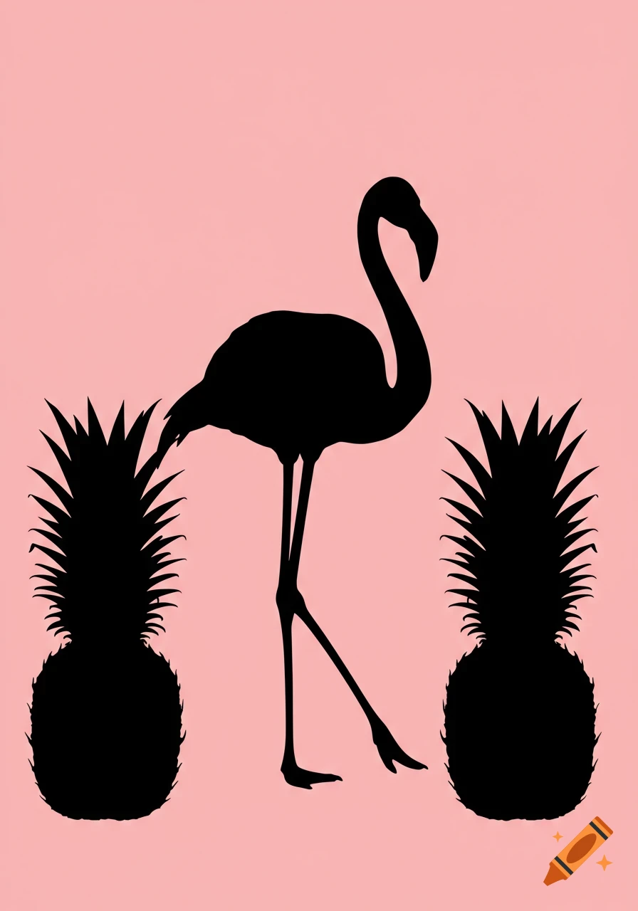 A black silhouette of a flamingo standing between two pineapples on a light pink background.