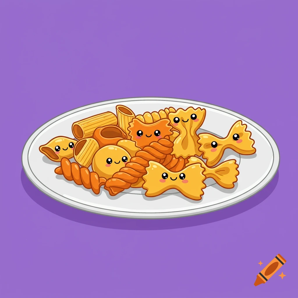 A white plate holds several cute cartoon pasta shapes with faces on a purple background.