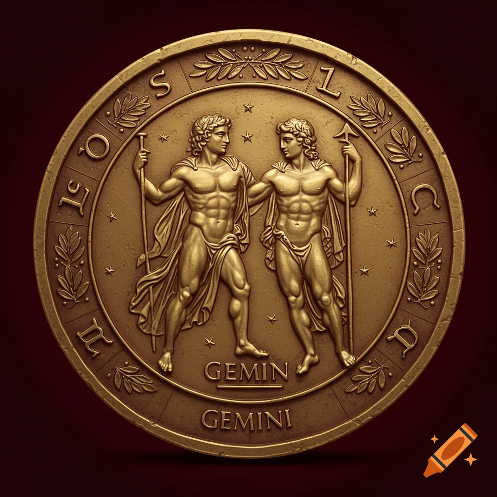 Golden coin with Gemini figures in relief and astrological symbols.