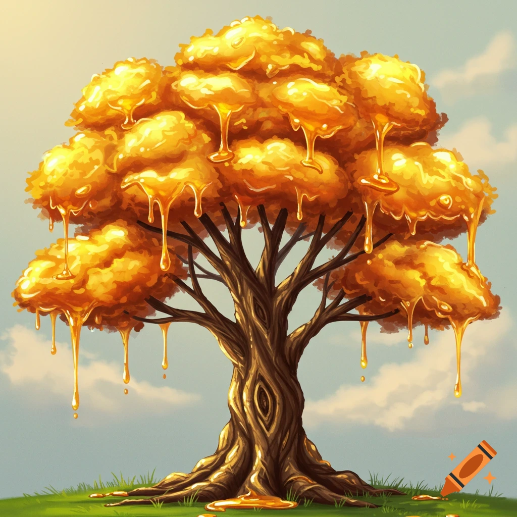 A tree with branches and leaves made of dripping honey on a grassy hill under a sky.